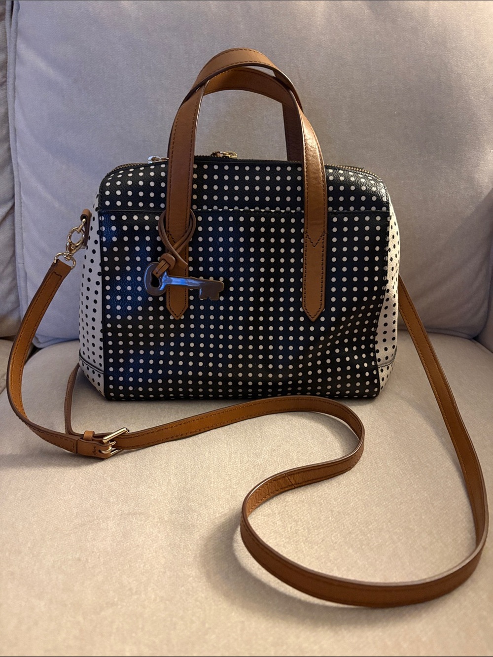 Fossil Black and White Polka Dot Crossbody with Tan Trim